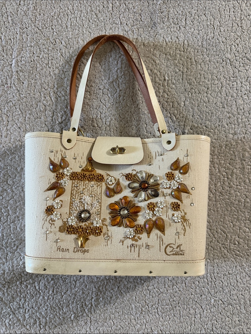 Enid Collins Of Texas Cream Embellished Rain Drops Tote with Wood Bottom Vintage
